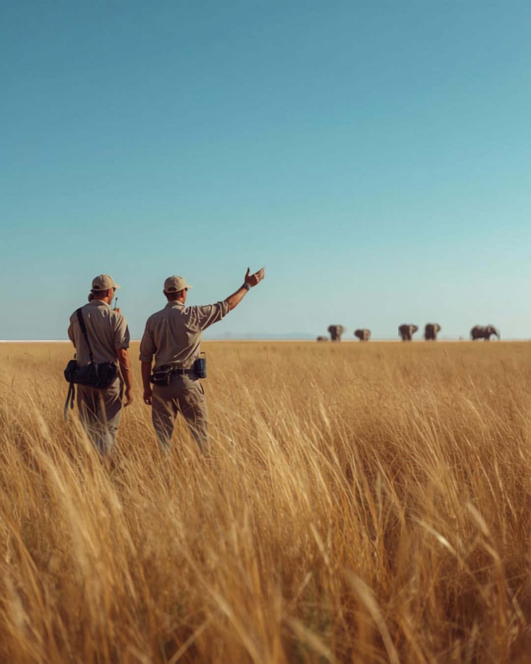 Two guides standing in tall golden grass on an open plain, one pointing towards elephants on the horizon